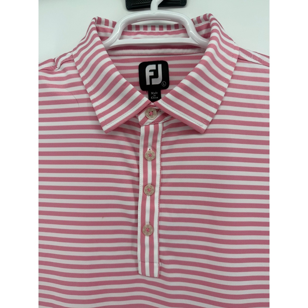 FootJoy FJ Pink White Striped Golf Polo Shirt Men's L Brunswick Country Club